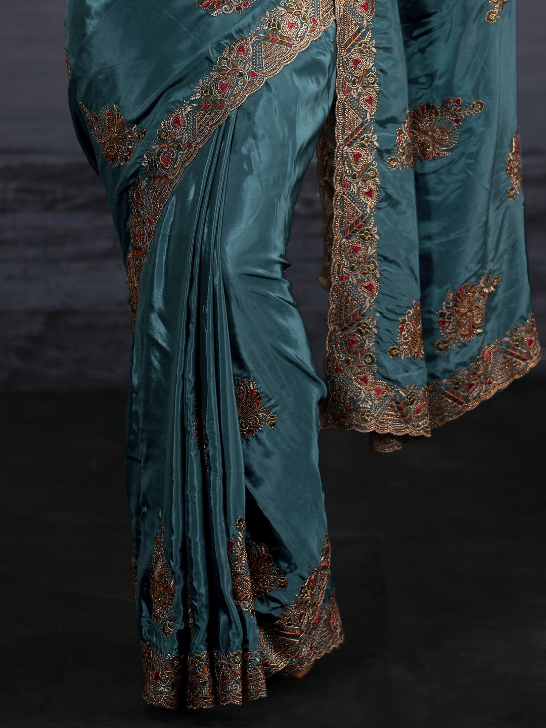 Libas Teal Blue Embroidered Satin Saree