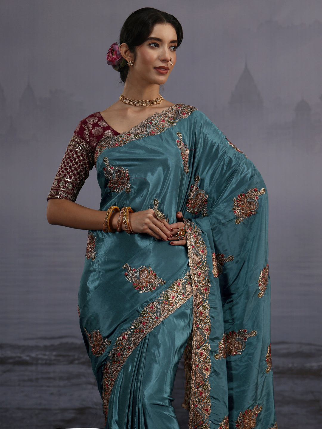 Libas Teal Blue Embroidered Satin Saree