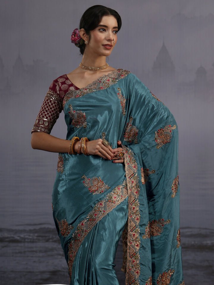 Libas Teal Blue Embroidered Satin Saree