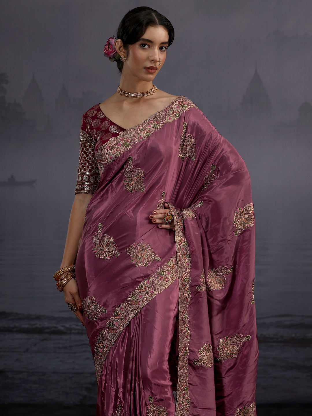 Libas Mauve Embroidered Satin Saree