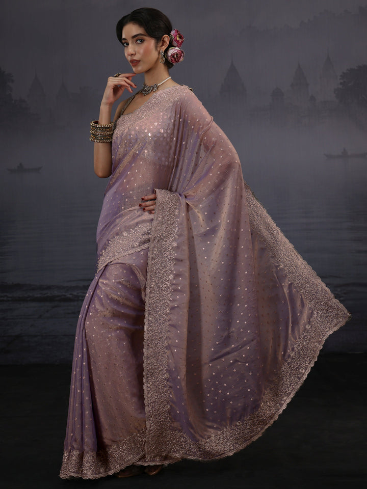 Libas Lavender Woven Design Tissue Saree with Embroidered Border