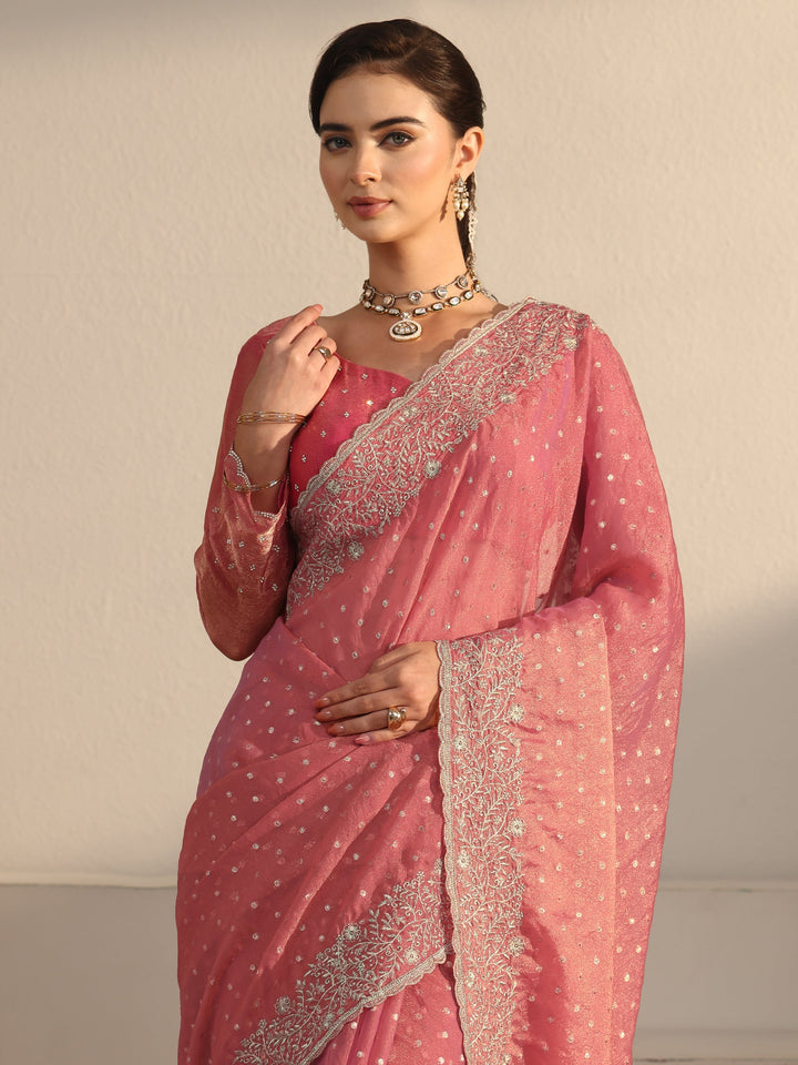 Libas Peach Woven Design Tissue Saree with Floral Border