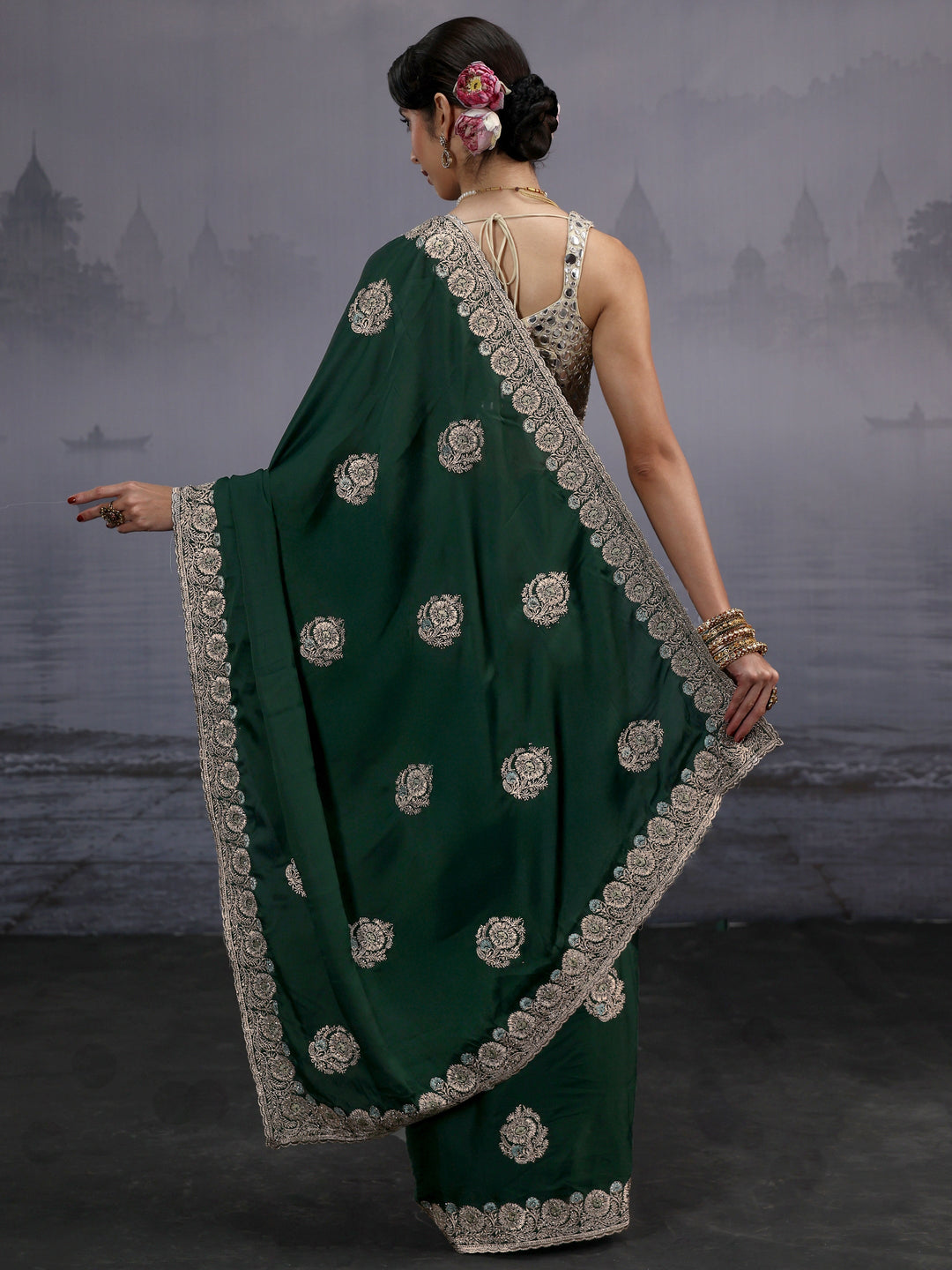 Libas Dark Green Floral Embroidered Satin Saree