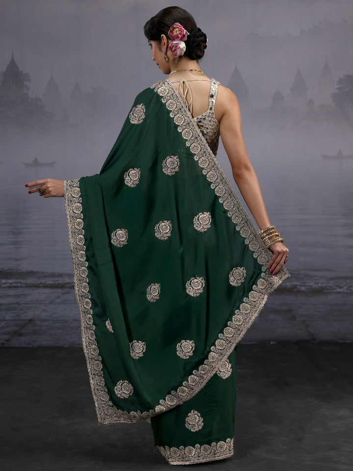 Libas Dark Green Floral Embroidered Satin Saree