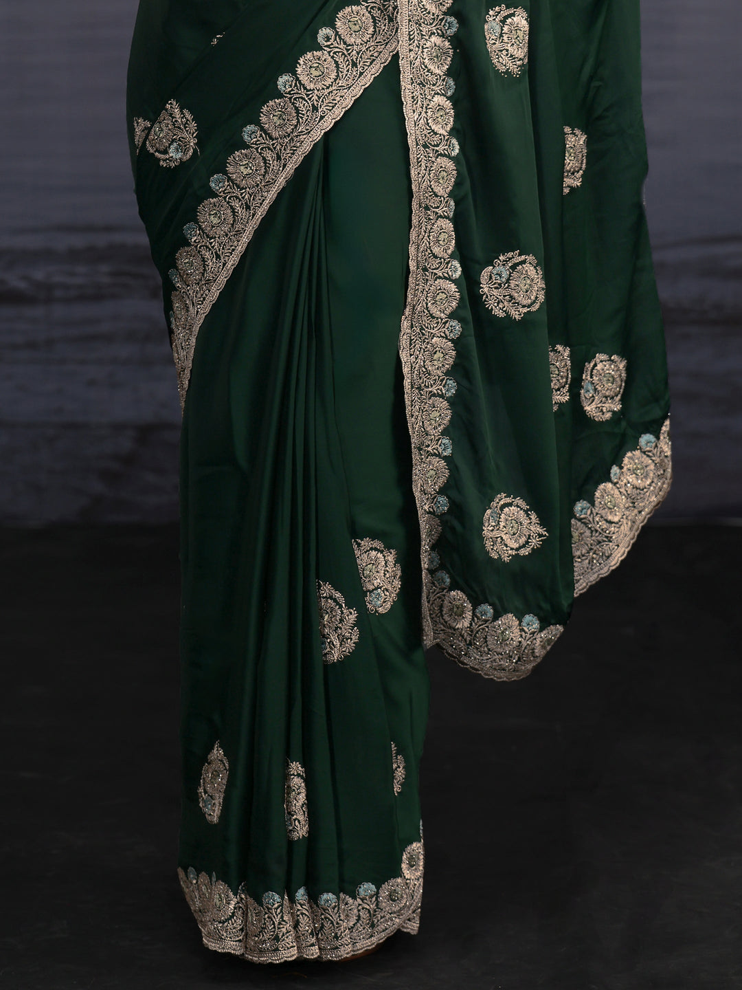 Libas Dark Green Floral Embroidered Satin Saree