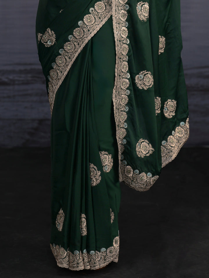 Libas Dark Green Floral Embroidered Satin Saree