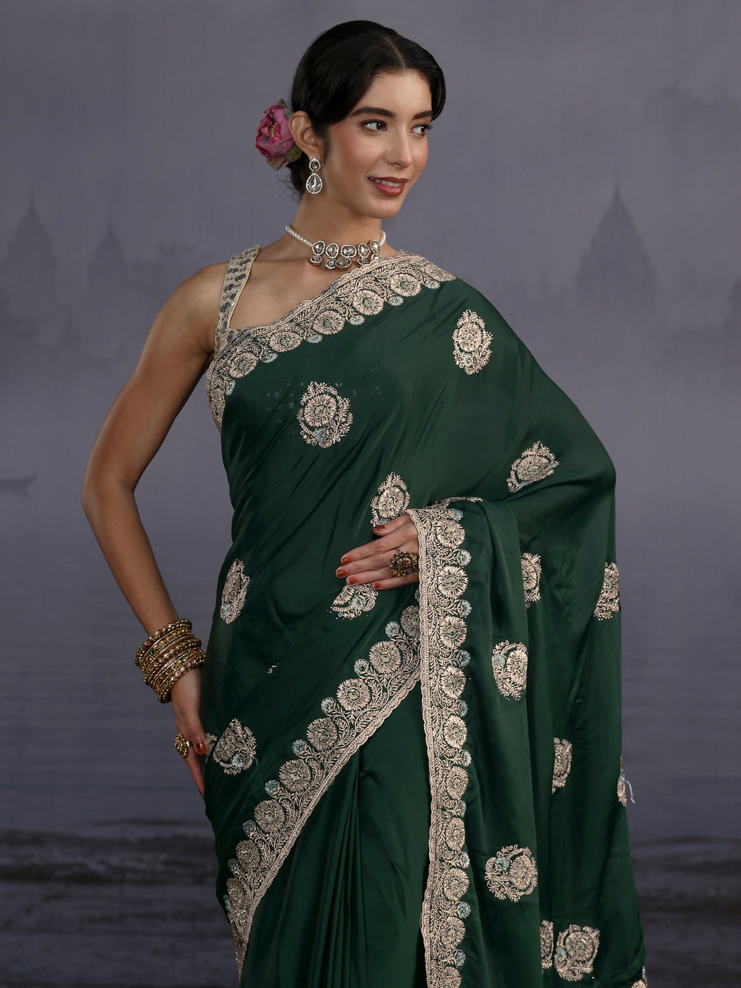 Libas Dark Green Floral Embroidered Satin Saree