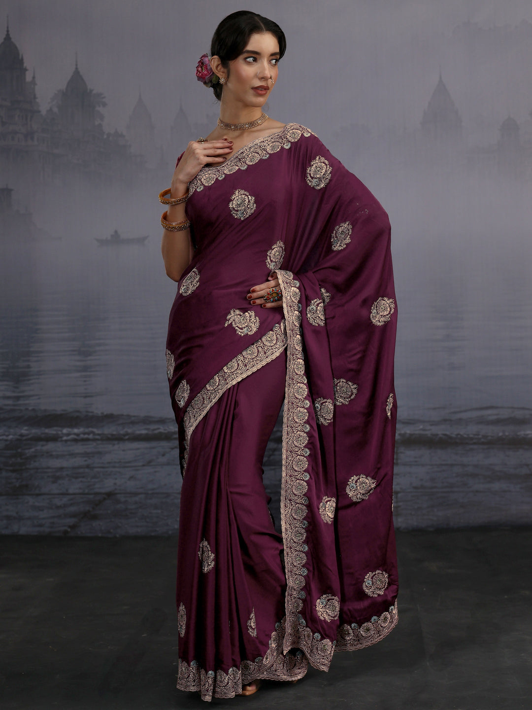 Libas Maroon Floral Embroidered Satin Saree