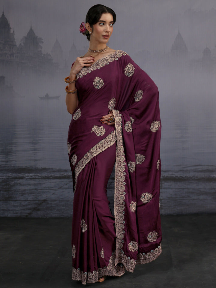 Libas Maroon Floral Embroidered Satin Saree