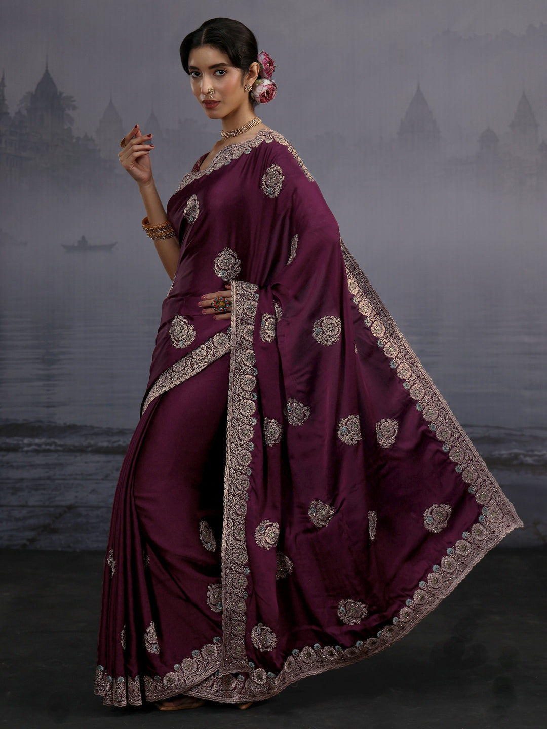 Libas Maroon Floral Embroidered Satin Saree