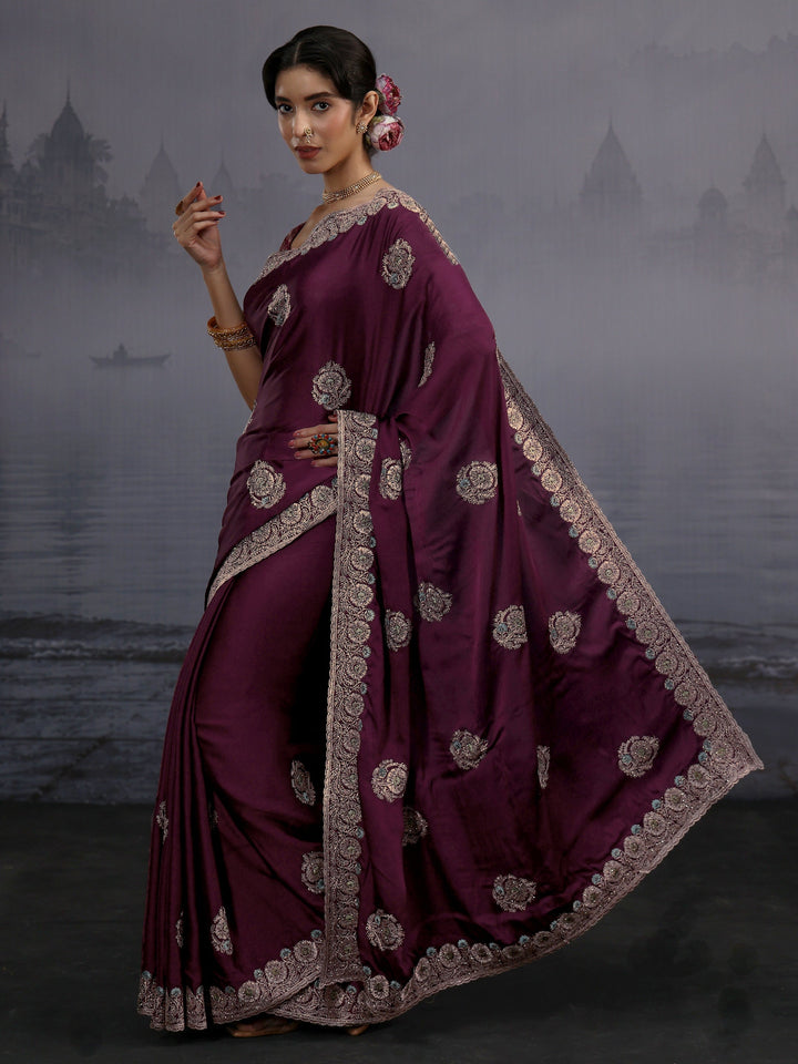 Libas Maroon Floral Embroidered Satin Saree