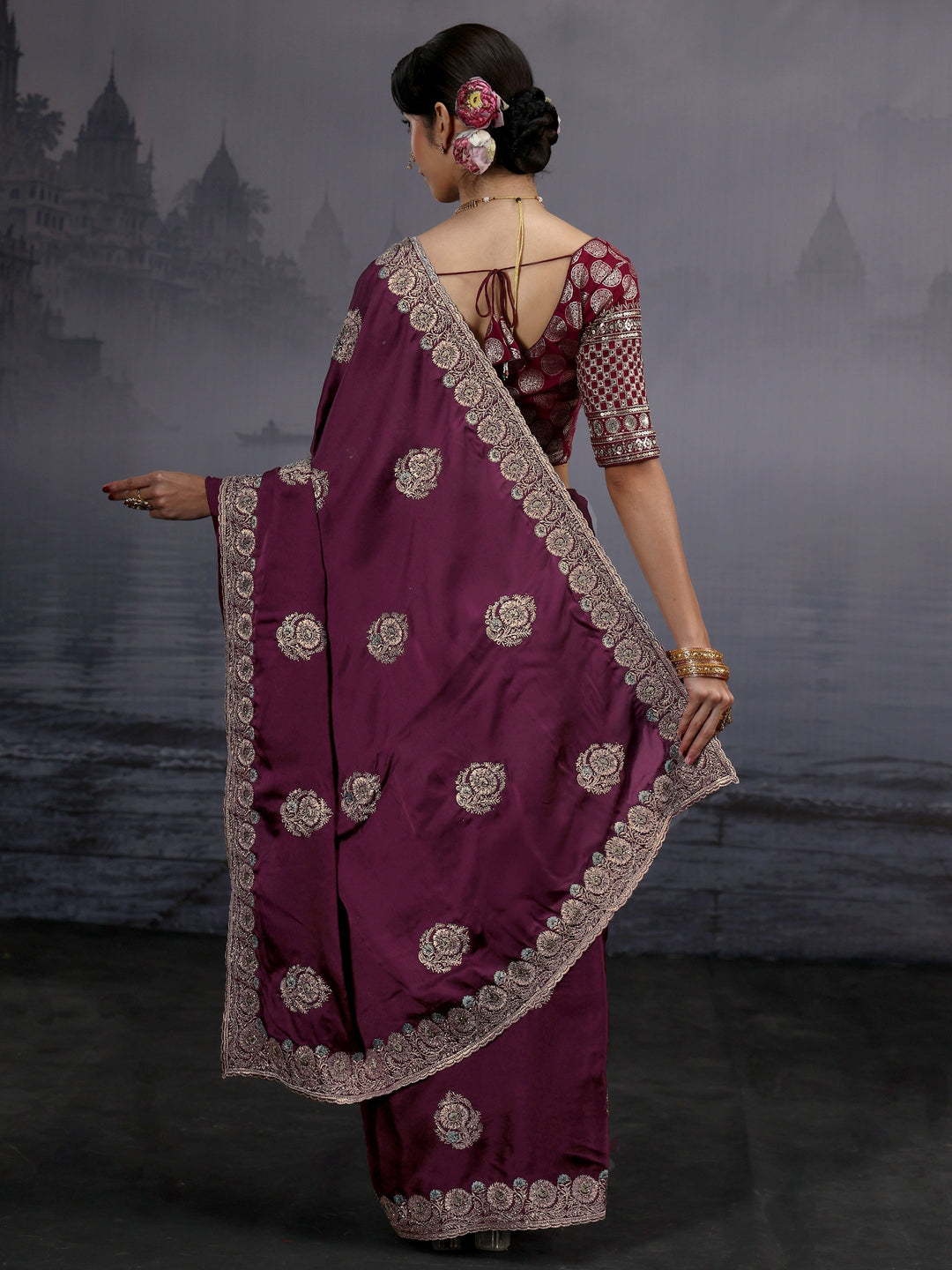Libas Maroon Floral Embroidered Satin Saree