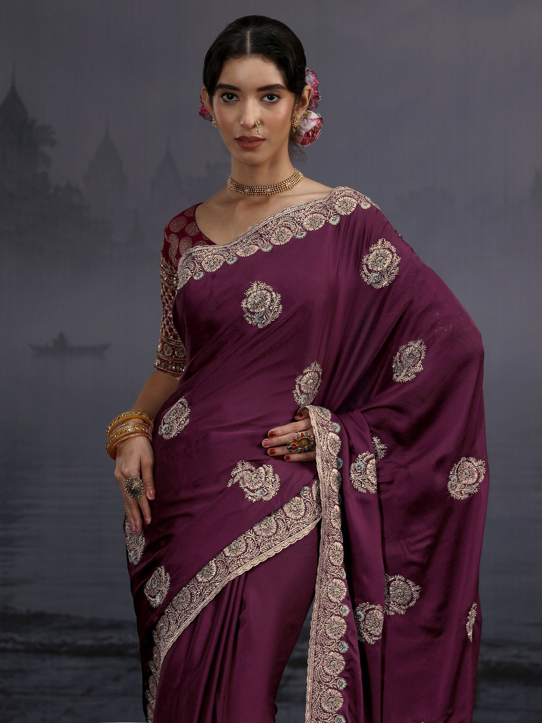 Libas Maroon Floral Embroidered Satin Saree