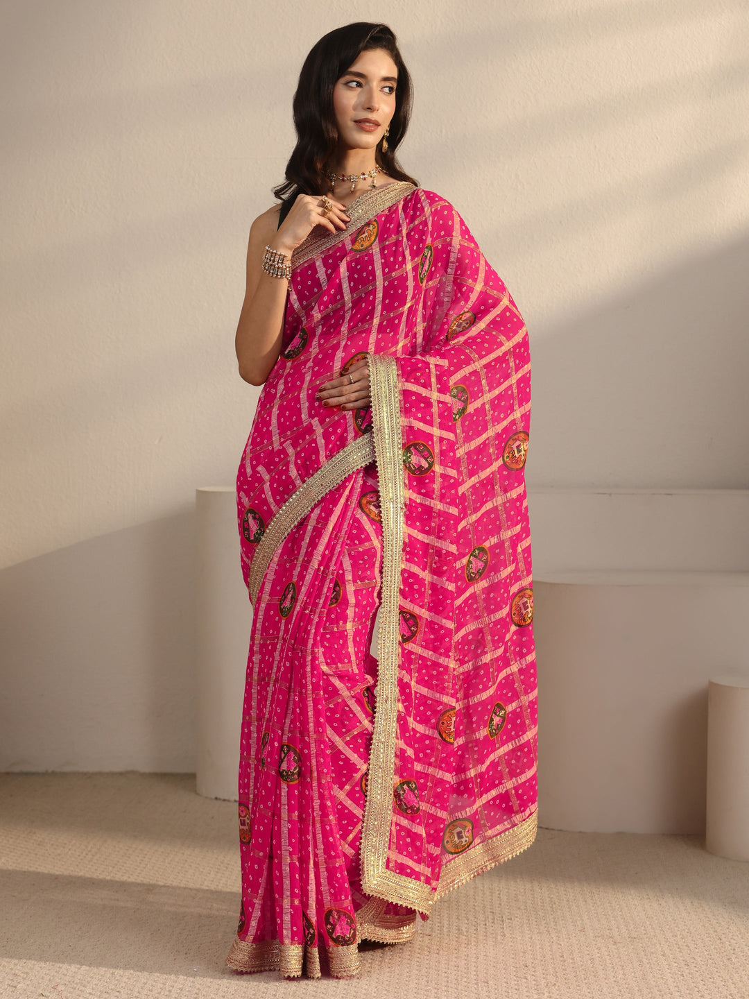 Libas Pink Bandhani Printed Chiffon Saree with Gotta Patti Border