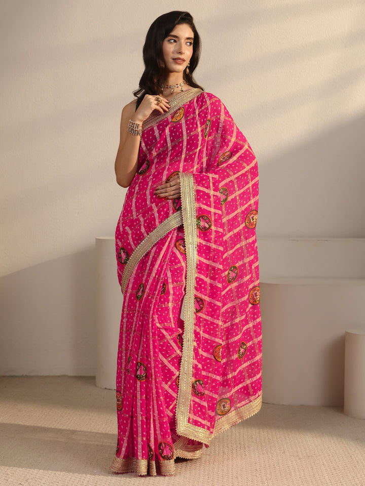 Libas Pink Bandhani Printed Chiffon Saree with Gotta Patti Border