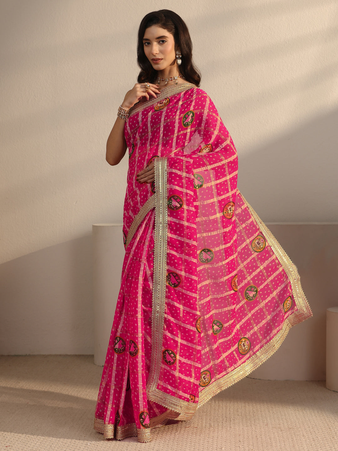 Libas Pink Bandhani Printed Chiffon Saree with Gotta Patti Border