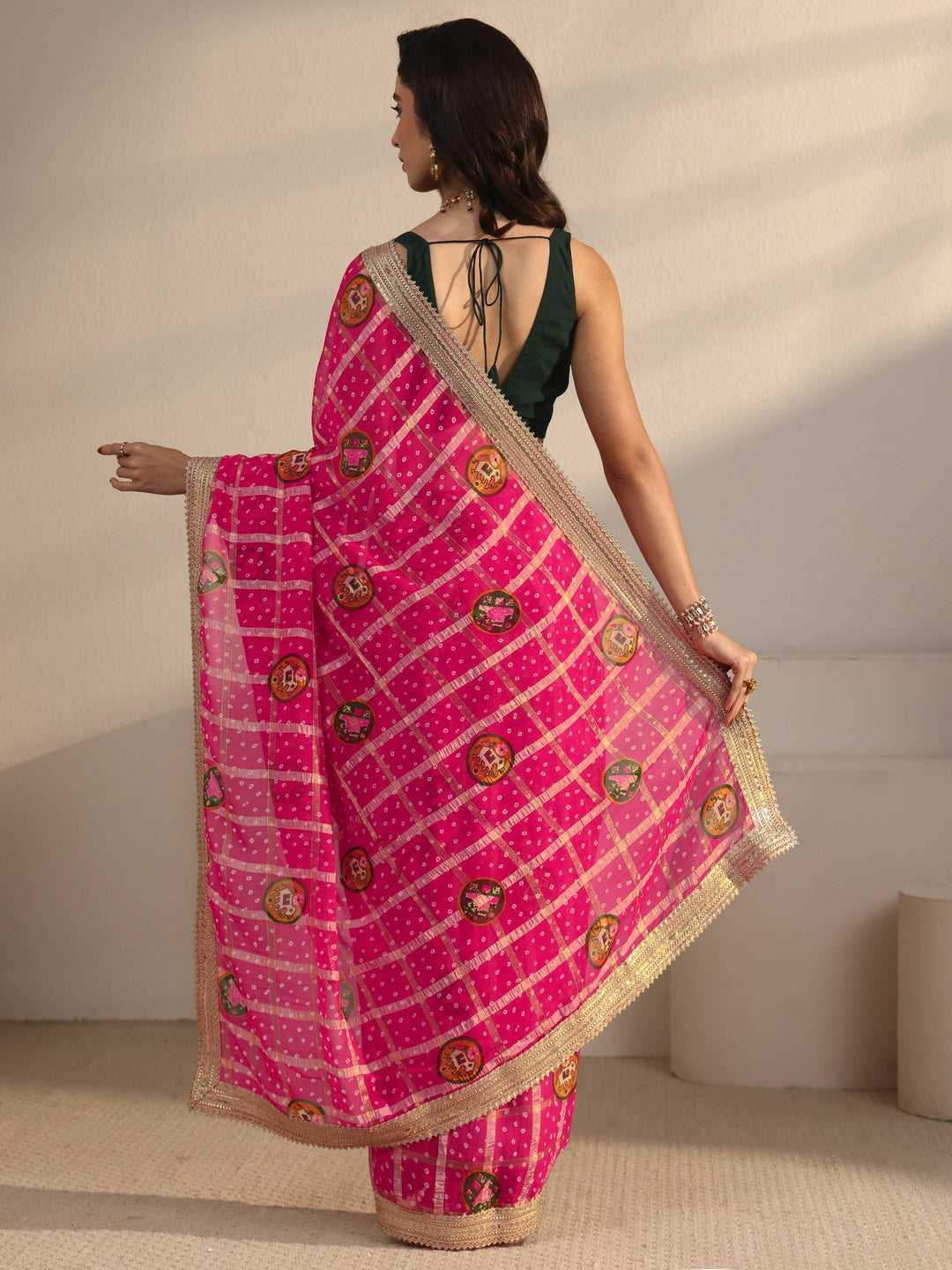 Libas Pink Bandhani Printed Chiffon Saree with Gotta Patti Border