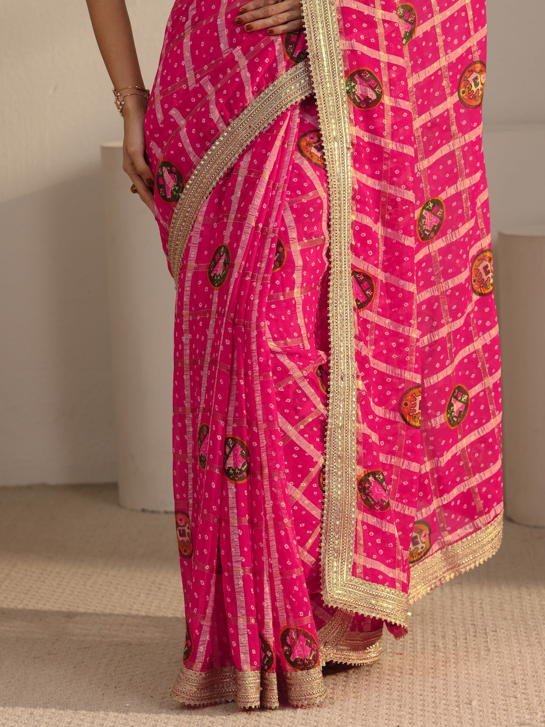 Libas Pink Bandhani Printed Chiffon Saree with Gotta Patti Border