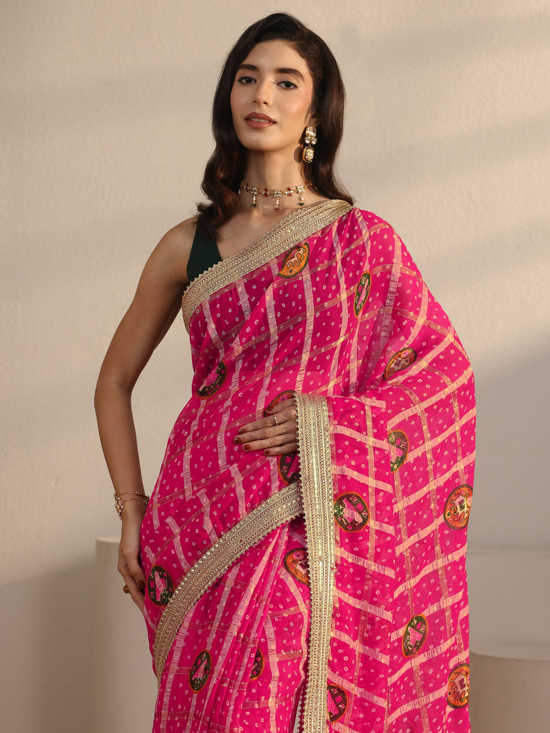Libas Pink Bandhani Printed Chiffon Saree with Gotta Patti Border