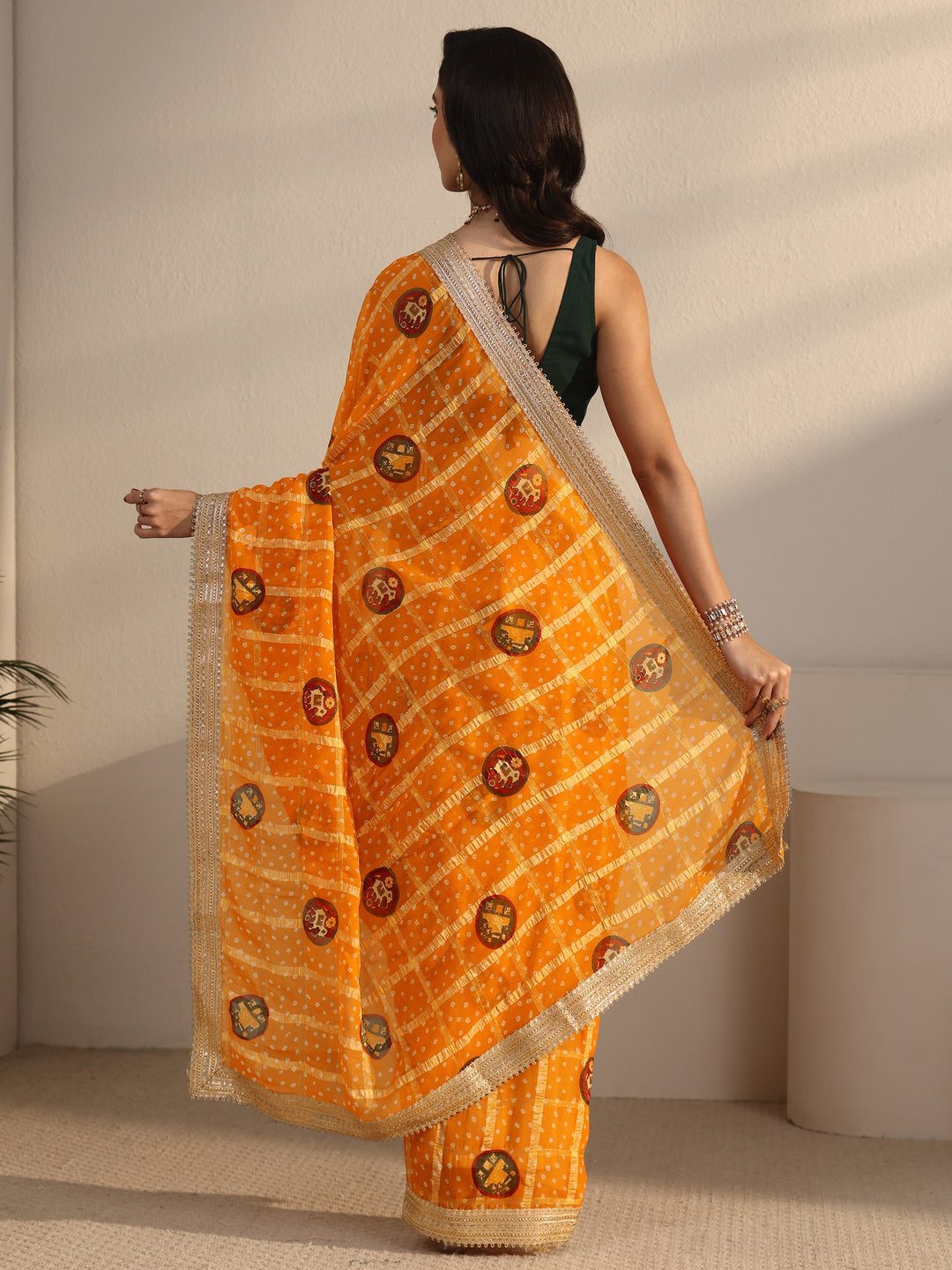 Libas Mustard Bandhani Printed Chiffon Saree with Gotta Patti Border