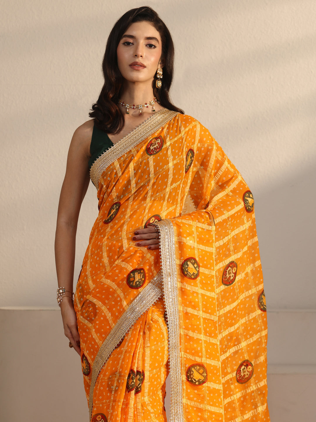 Libas Mustard Bandhani Printed Chiffon Saree with Gotta Patti Border