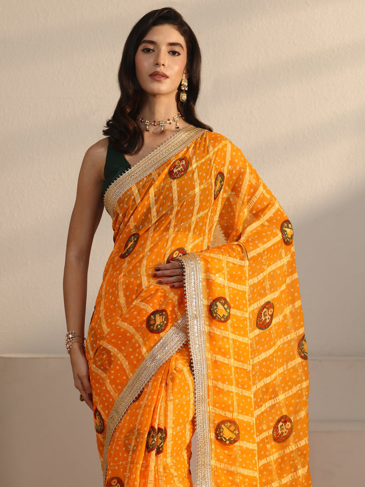Libas Mustard Bandhani Printed Chiffon Saree with Gotta Patti Border