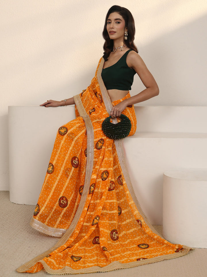 Libas Mustard Bandhani Printed Chiffon Saree with Gotta Patti Border