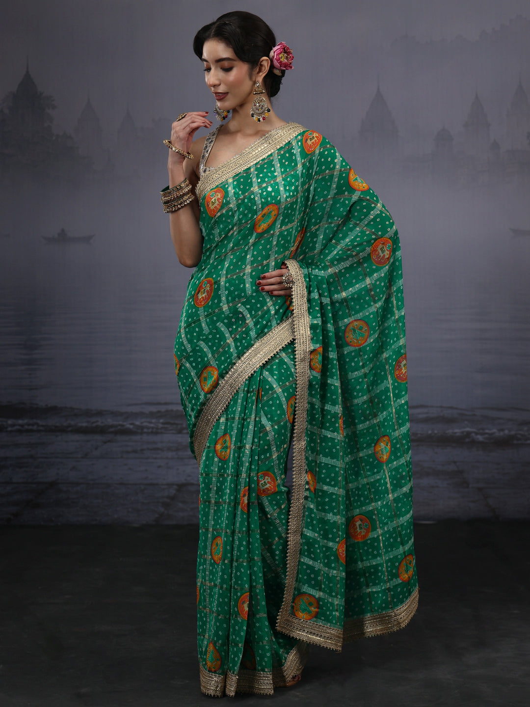 Libas Green Bandhani Printed Chiffon Saree
