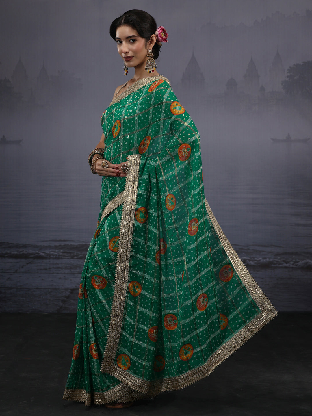 Libas Green Bandhani Printed Chiffon Saree