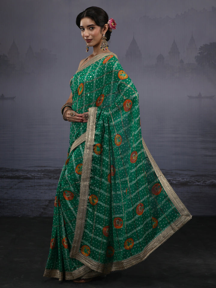 Libas Green Bandhani Printed Chiffon Saree