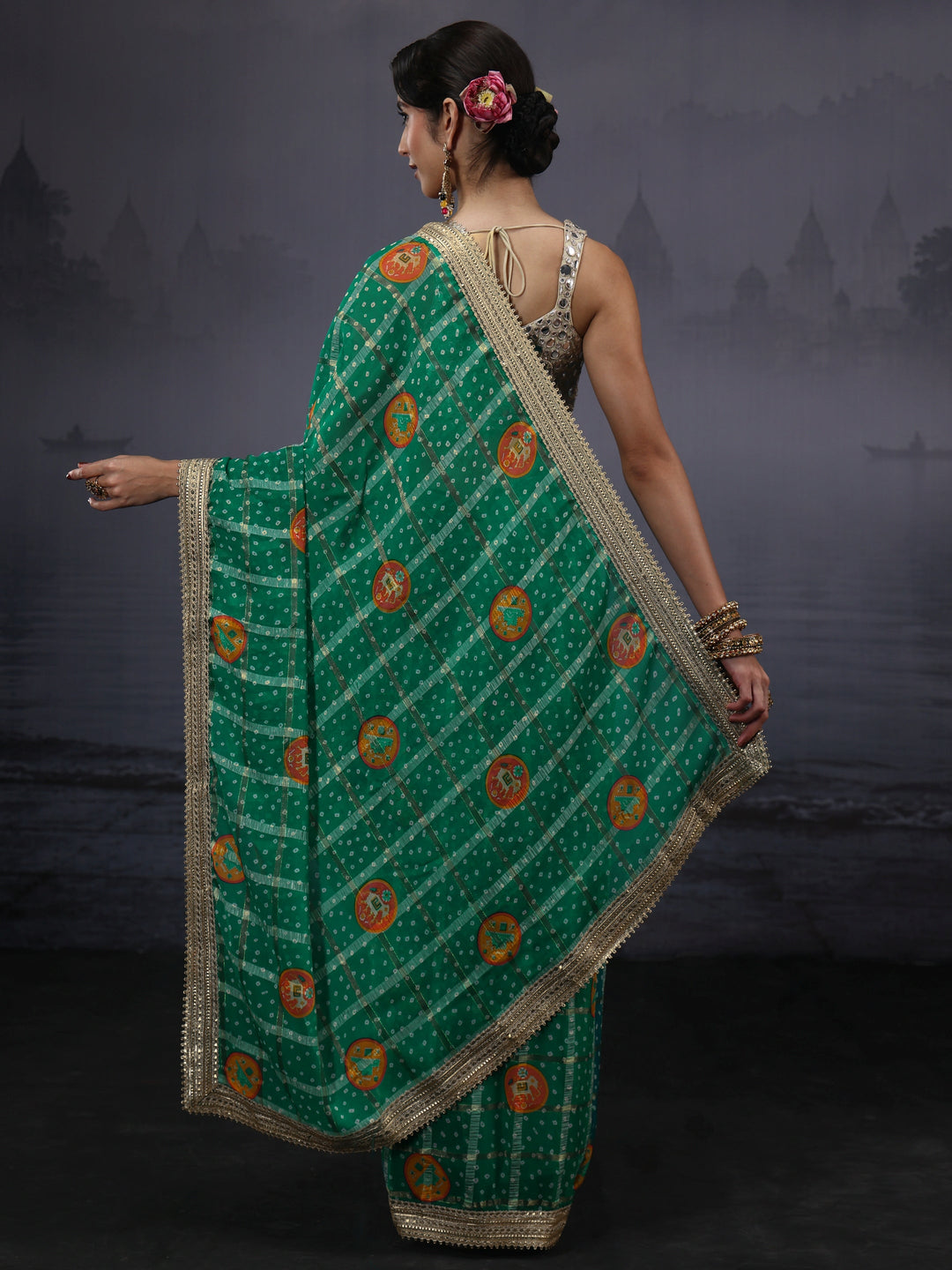 Libas Green Bandhani Printed Chiffon Saree