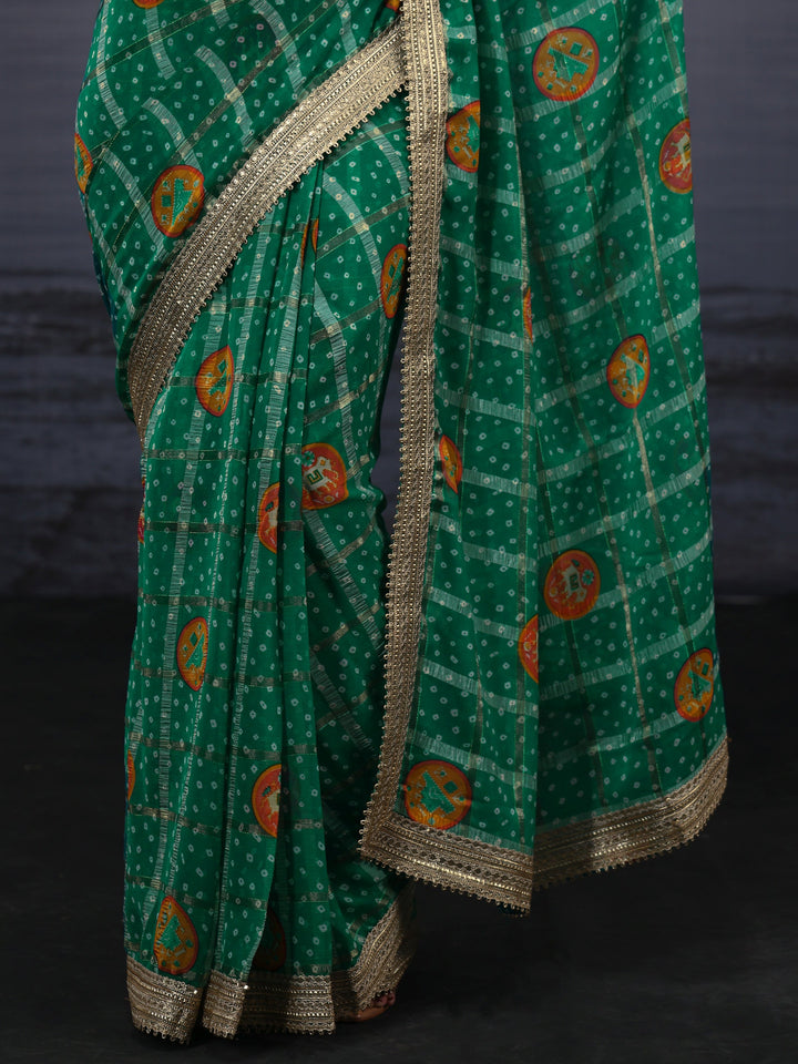 Libas Green Bandhani Printed Chiffon Saree