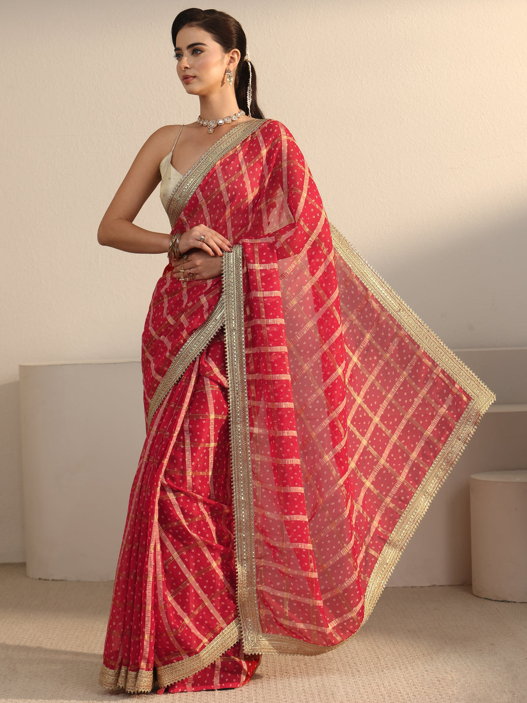 Libas Red Bandhani Printed Chiffon Saree with Gotta Patti Border