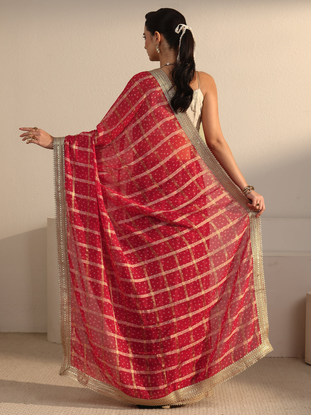 Libas Red Bandhani Printed Chiffon Saree with Gotta Patti Border