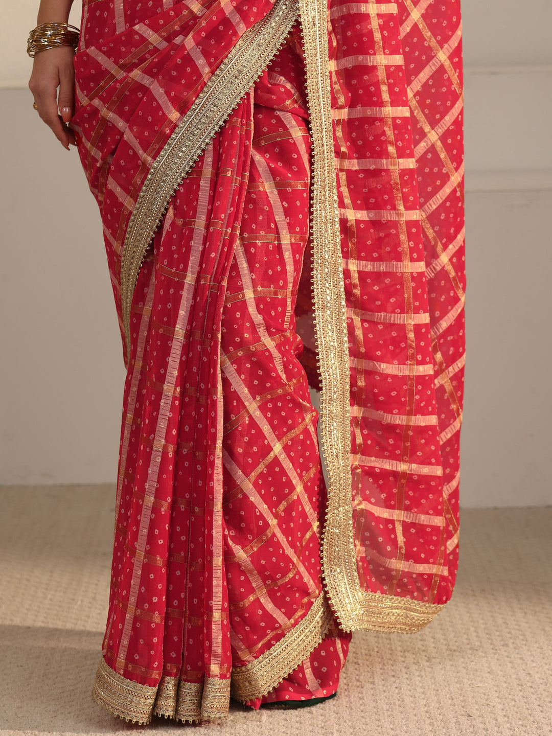 Libas Red Bandhani Printed Chiffon Saree with Gotta Patti Border