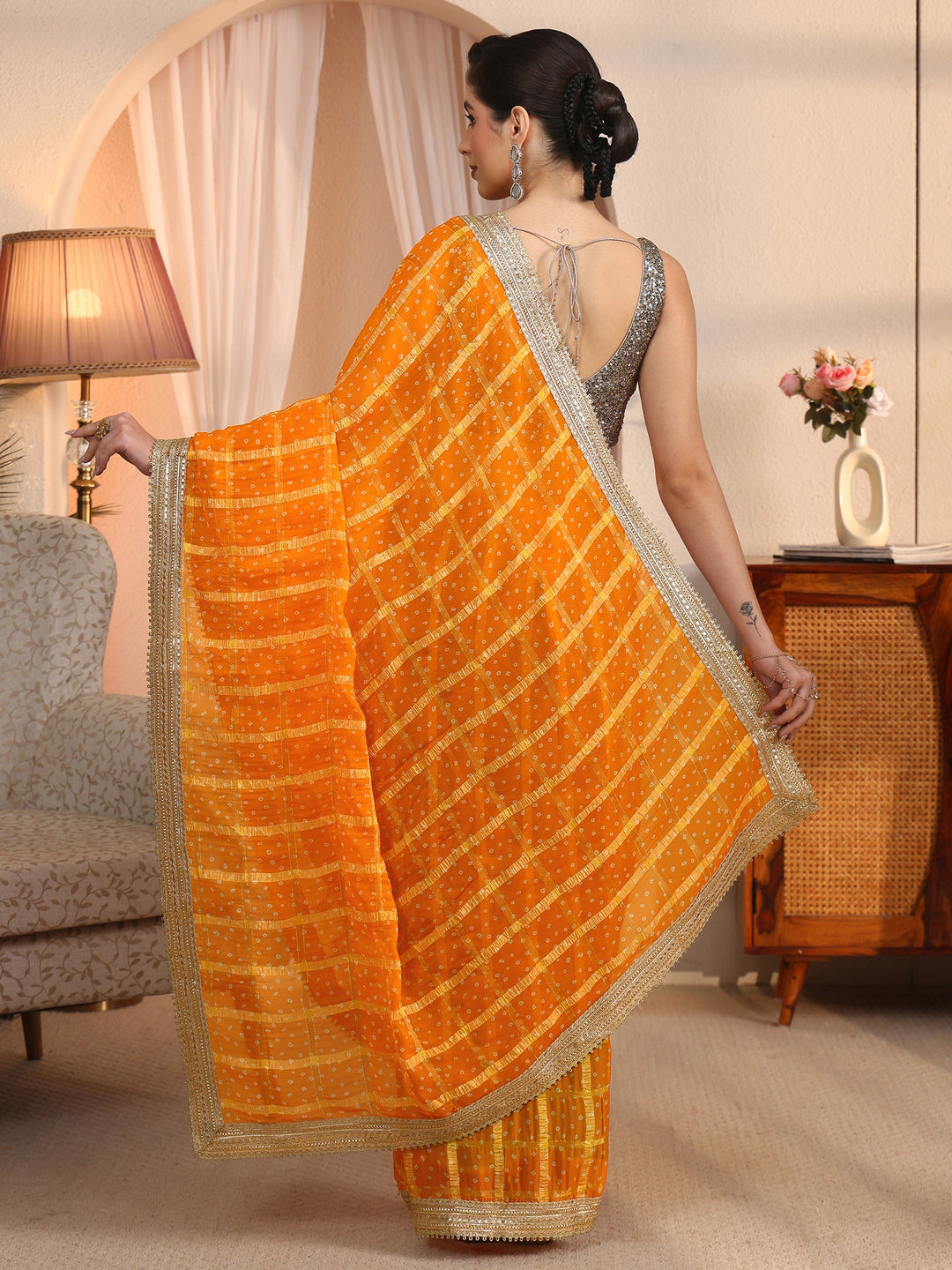 Libas Mustard Bandhani Printed Chiffon Saree with Gota Patti Border