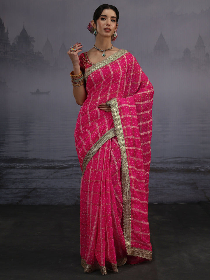 Libas Pink Bandhani Printed Chiffon Saree