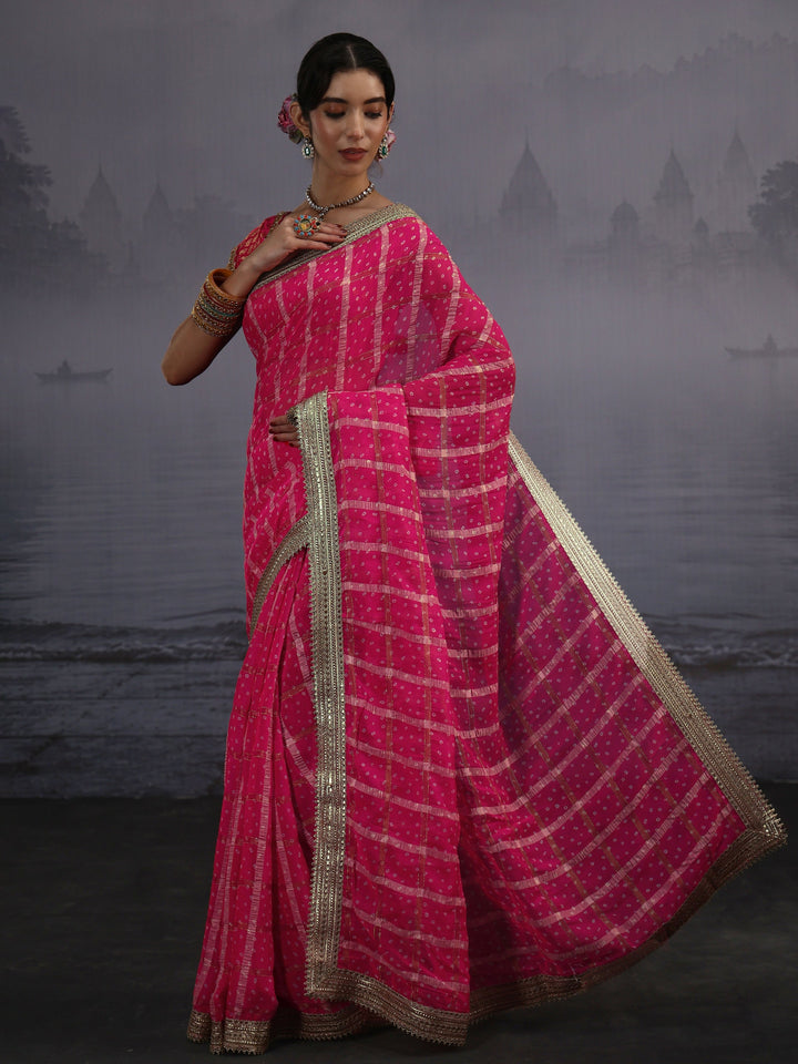 Libas Pink Bandhani Printed Chiffon Saree
