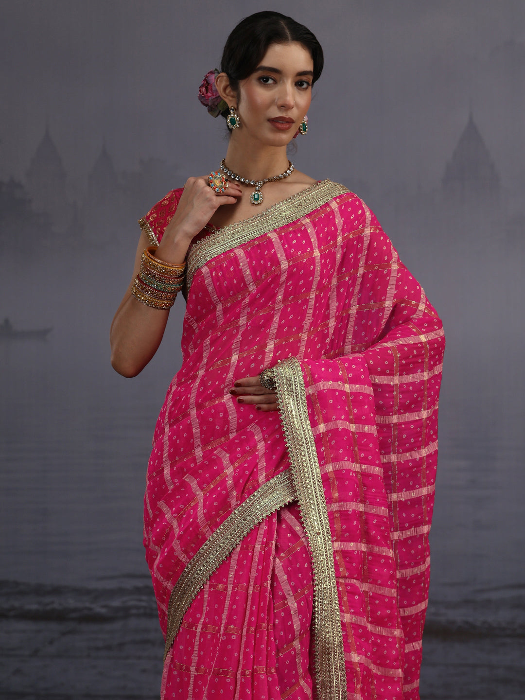 Libas Pink Bandhani Printed Chiffon Saree
