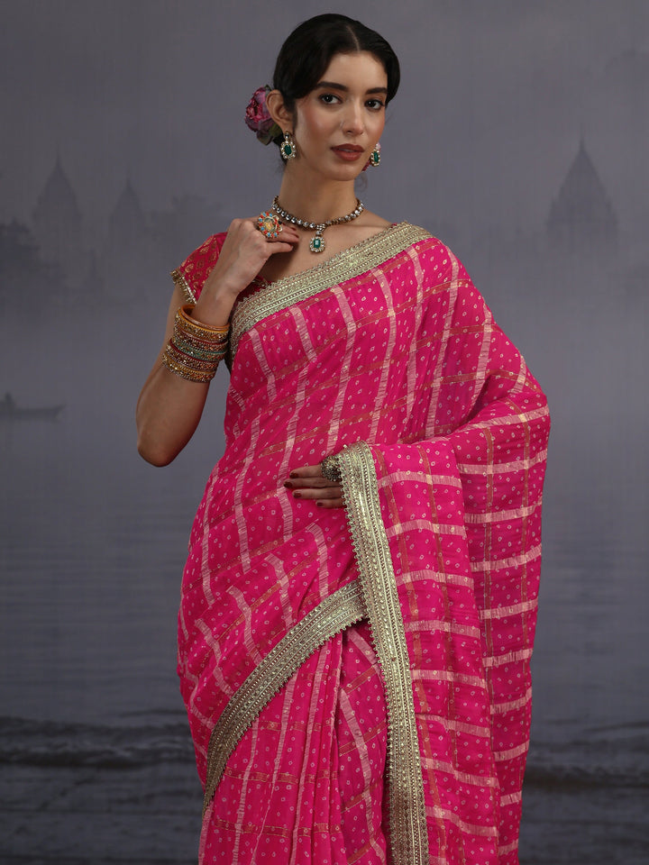 Libas Pink Bandhani Printed Chiffon Saree
