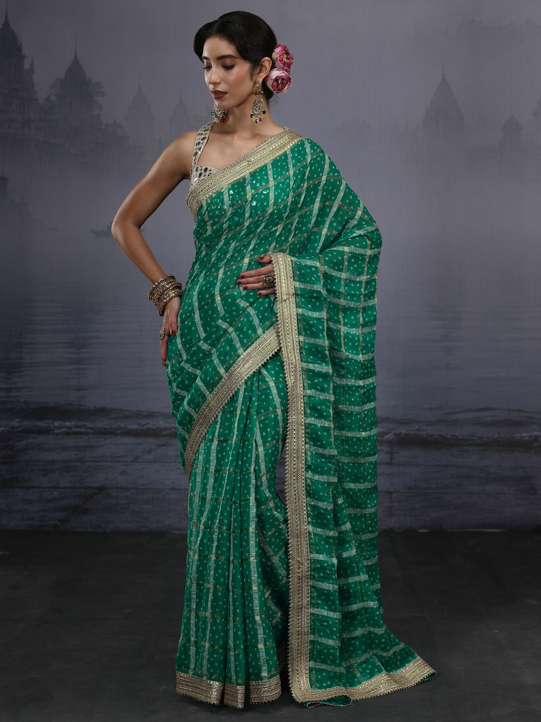 Libas Green Bandhani Printed Chiffon Saree