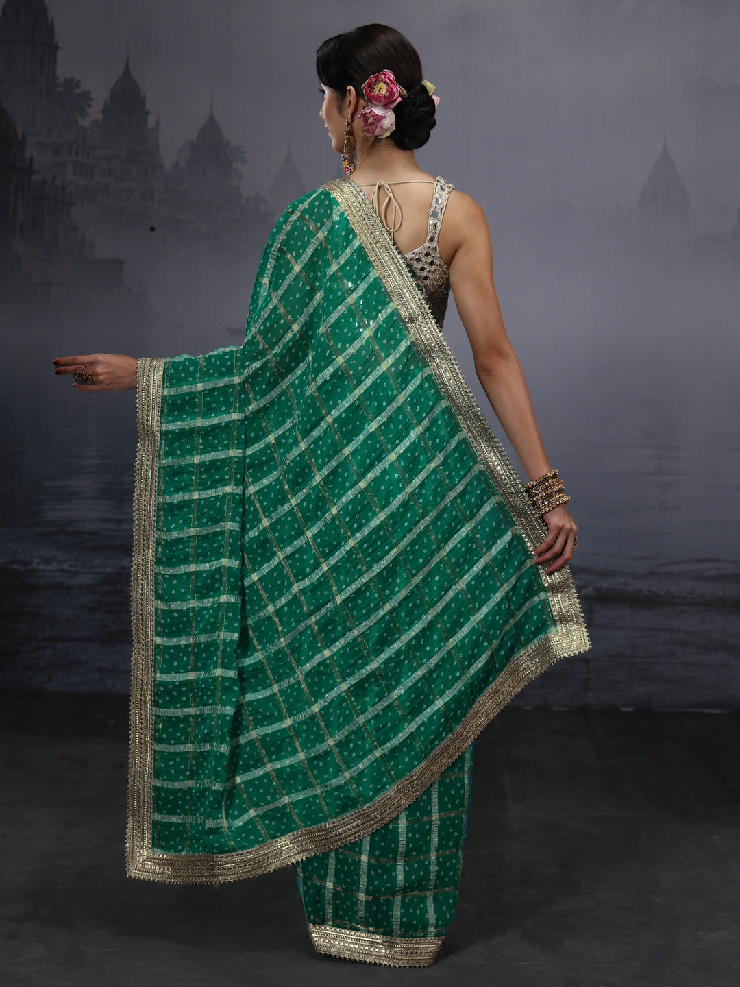 Libas Green Bandhani Printed Chiffon Saree