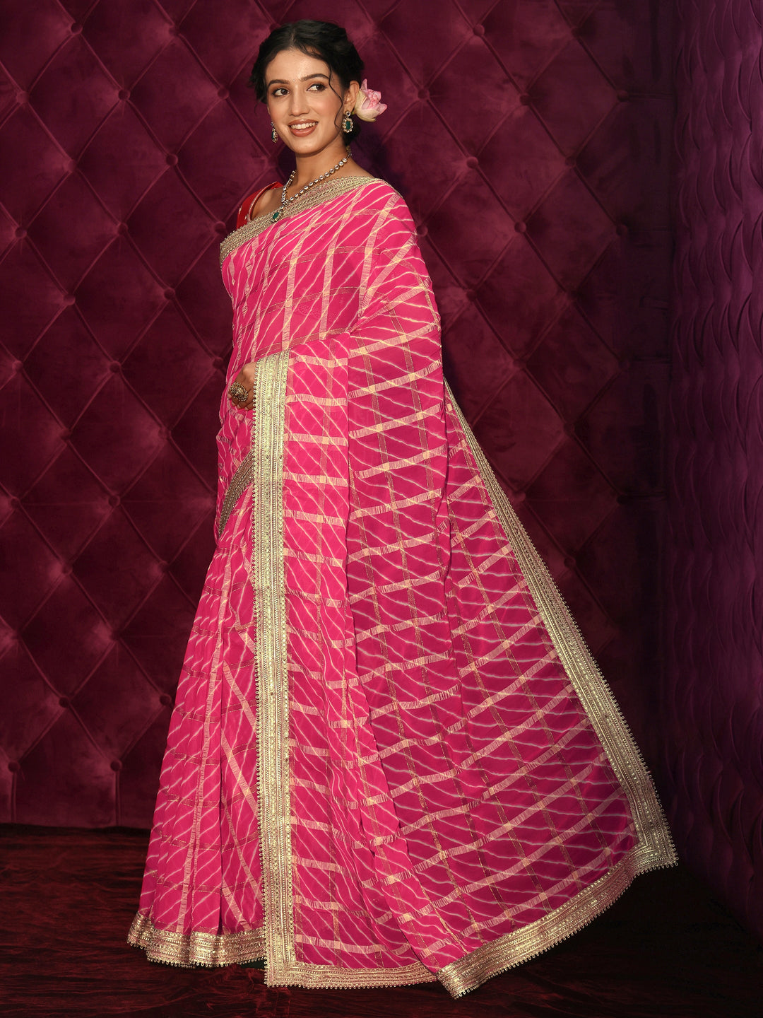 Libas Pink Leheriya Printed Chiffon Saree