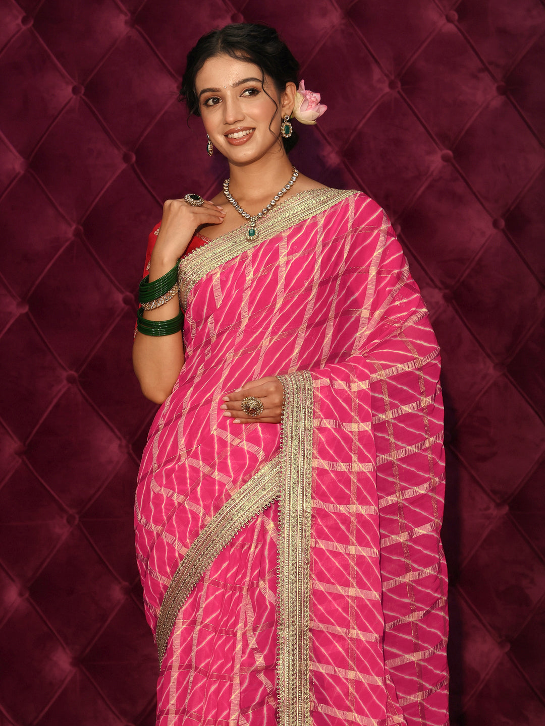 Libas Pink Leheriya Printed Chiffon Saree