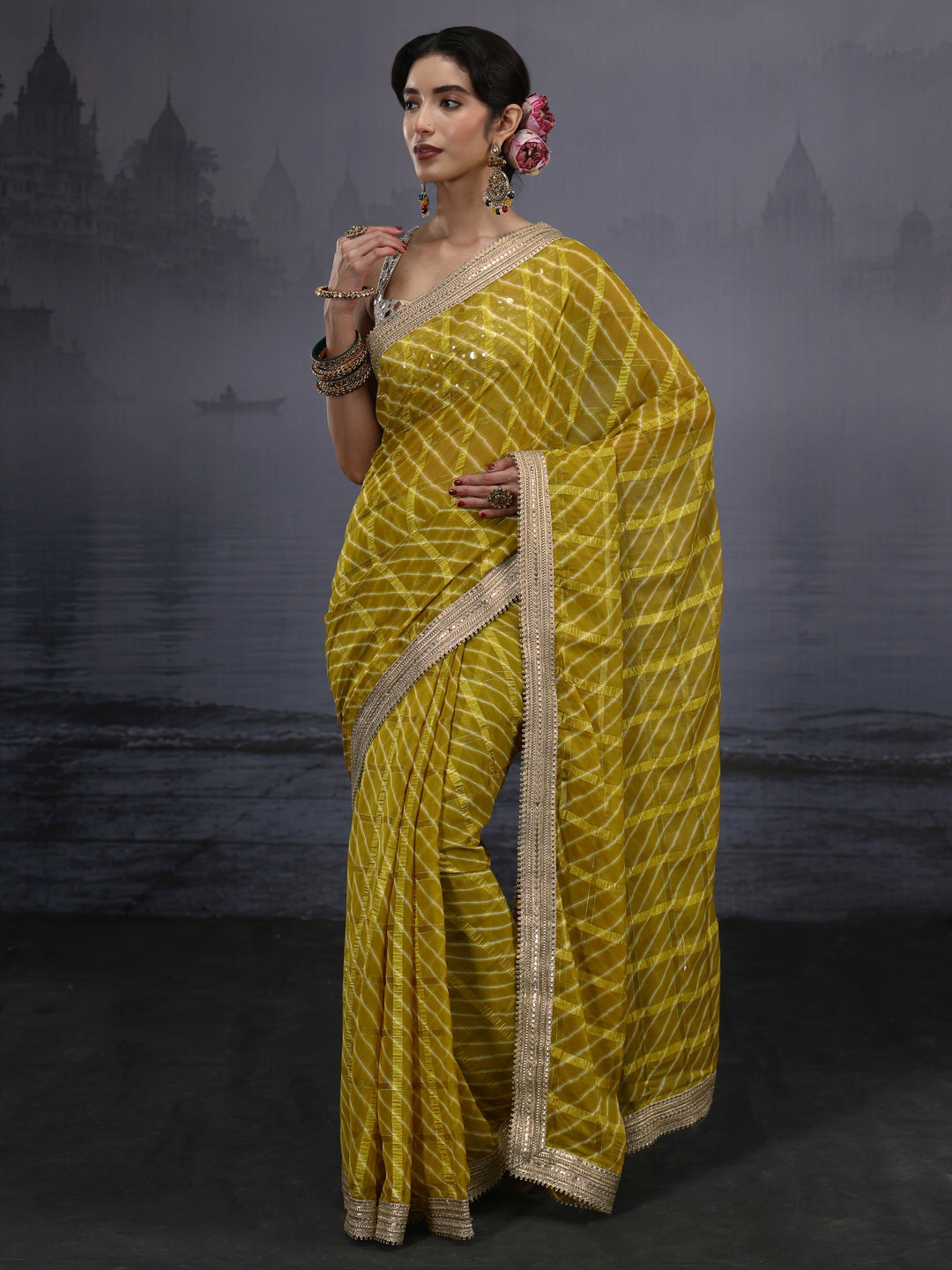 Libas Green Leheriya Printed Chiffon Saree