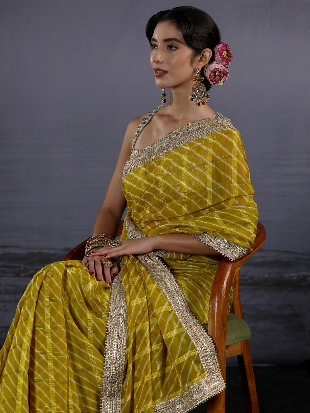 Libas Green Leheriya Printed Chiffon Saree