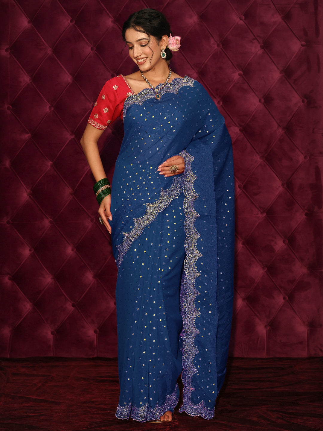 Libas Blue Woven Design Tissue Saree with Scalloped Border