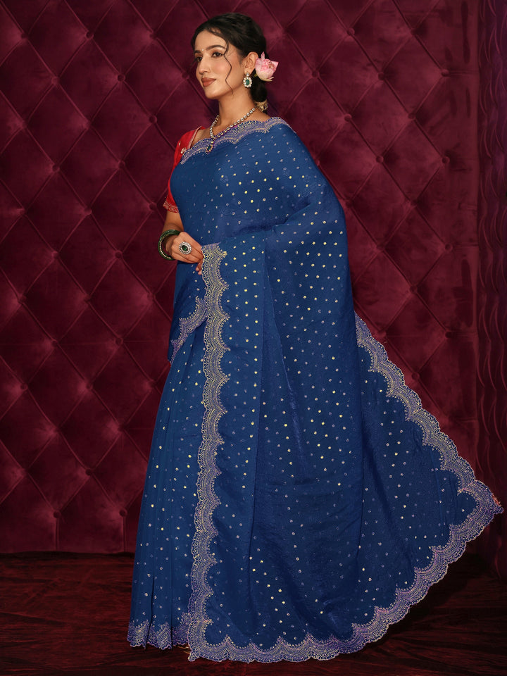 Libas Blue Woven Design Tissue Saree with Scalloped Border