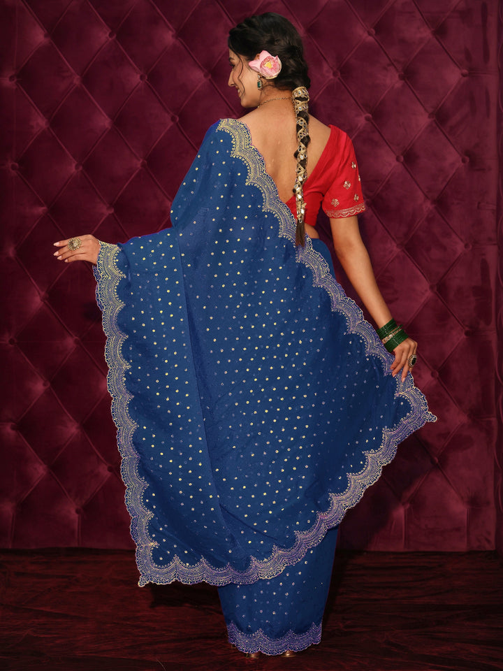 Libas Blue Woven Design Tissue Saree with Scalloped Border