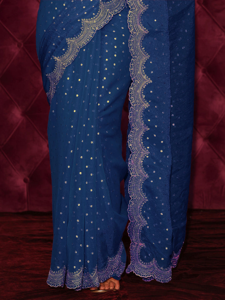 Libas Blue Woven Design Tissue Saree with Scalloped Border